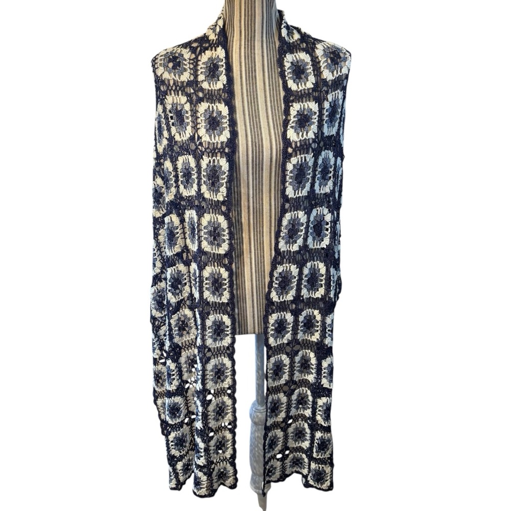 NEW Knit Scarf/ Wrap Granny Square Crochet Blues White Hand Knit Versatile
